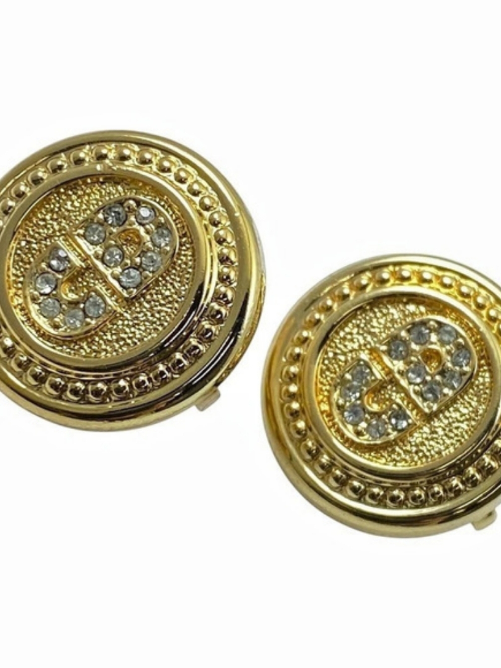Christian Dior Vintage Gold Tone Rhinestone CD Logo Clip-On Earrings